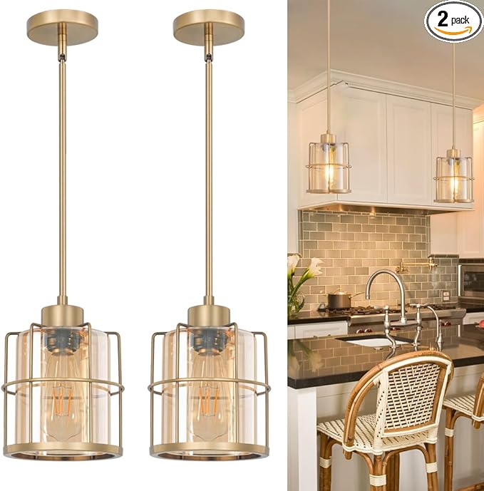 Farmhouse Brass Pendant Light Fixtures with Amber Glass, Gold Kitchen Island Set of 2 with Adjustable Rod, Modern Cage Bathroom Pendant Lights Hanging Light for Sink Dining Room Hallway