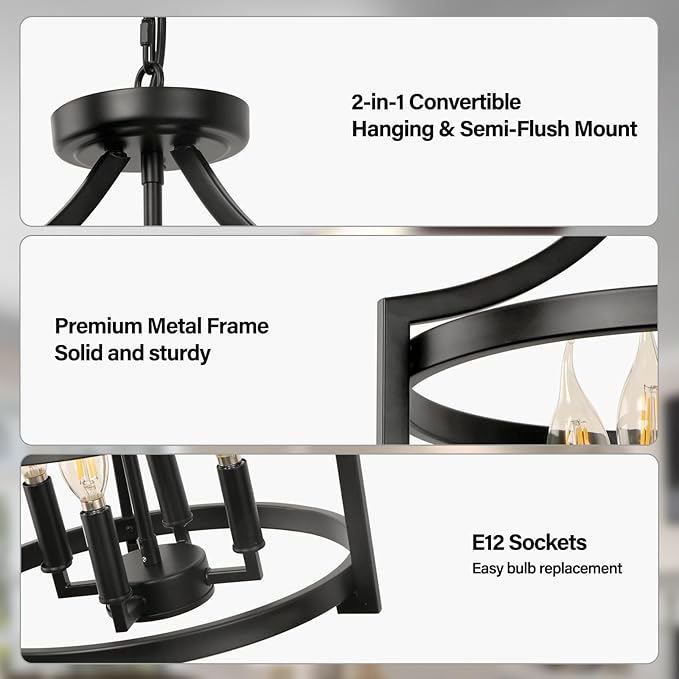 4-Light Farmhouse Chandelier, Modern Hanging Pendant Lighting, Convertible Semi Flush Mount Ceiling Light Fixture Rustic Vintage Black Chandeliers for Dining Room Kitchen Foyer Entryway