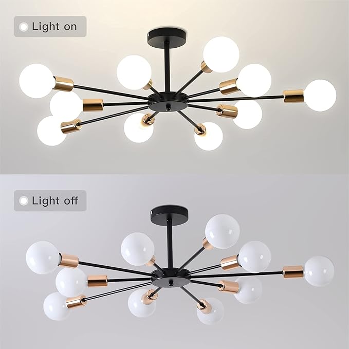 10-Light Semi Flush Mount Light Fixture, Black and Gold Sputnik Ceiling Light, Modern Close to Ceiling Light for Bedroom Kitchen Living Room Entryway Laundry Room