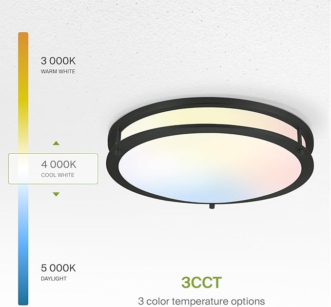 ASD LED 16" Round Flush Mount Lighting, Close to Ceiling Light Fixture | 3CCT, Dimmable, Energy Star, ETL Listed | 24W 1854LM 3000-5000K 120V | Low Profile Double Ring Lamp | Black
