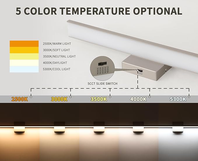 JUSHENG Brushed Nickel Vanity Lights for Bathroom Light Fixtures 5CCT Dimmable Vanity Light Bar LED Bathroom Lighting Over Mirror 24'' Inch 24W ETL Certificated
