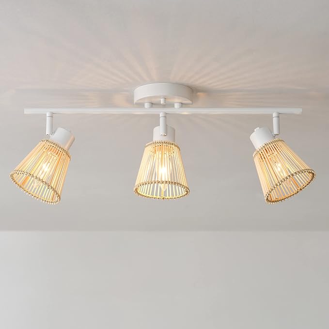 GLOBE Electric 64000043 22" 3-Light Track Lighting, Matte White, Bamboo Shades, Pivot Shade, Ceiling Light, Track-Light Heads, Kitchen Lights, E12 Socket