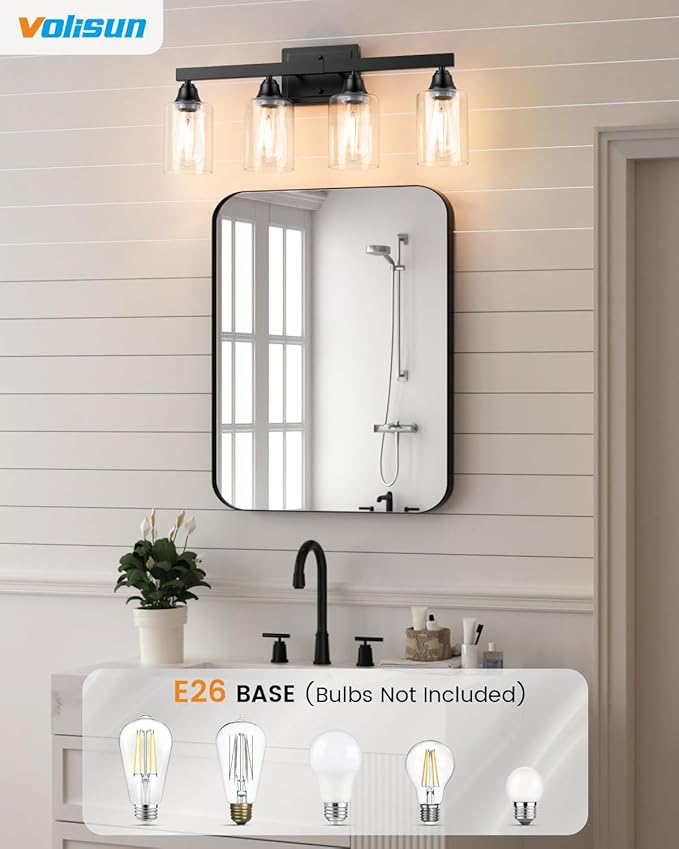 VOLISUN Matte Black Bathroom Light Fixtures, 4-Light Bathroom Vanity Light Over Mirror, Modern Vanity Lights for Bathrooms, Bathrooms Lights Fixtures Over Mirror with Clear Glass Shades
