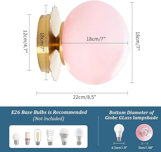 Modern Globe Glass Wall Sconces- Minimalist Home Shop Decor Wall Light 7" Glass Shade Hardwired- 1 Light Mid Century Wall Lamps Indoor Bedroom Bathroom Hallway Vanity Sconce Light (Gold-Pink)