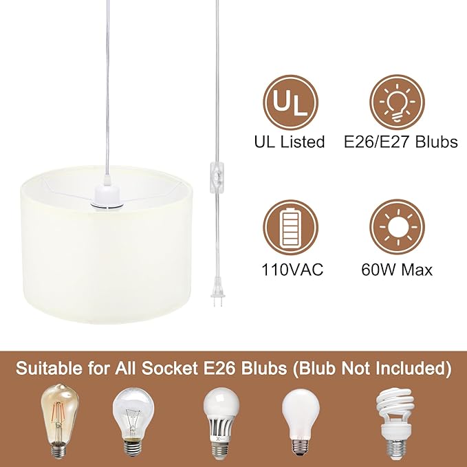 PATIKIL Plug in Pendant Light, 2 Pack 15Ft Rope Cord Hanging Lamp Fixture with ON/Off Switch, Linen Fabric Shade E26/E27 Bulb Socket for Bedroom Kitchen Living Room, Coarse Linen White