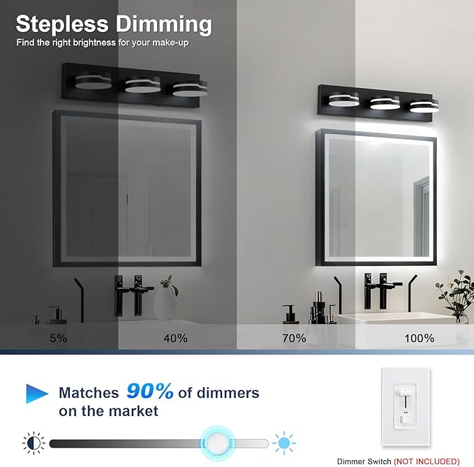 Vanity Lights for Bathroom, Matte Black Bathroom Light Fixtures Over Mirror, 3-Light Modern LED Wall Sconce Makeup Lighting, 350° Rotatable, Dimmable 6000K Cool White, Hardwired