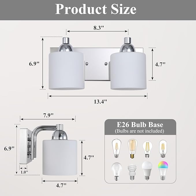 Mecgirn Stainless Steel Milk Glass Vanity Lights for Bathroom, 2 Light Polished Chrome Bathroom Light Fixtures Over Mirror, Ceramic E26 Sockets Wall Mounted