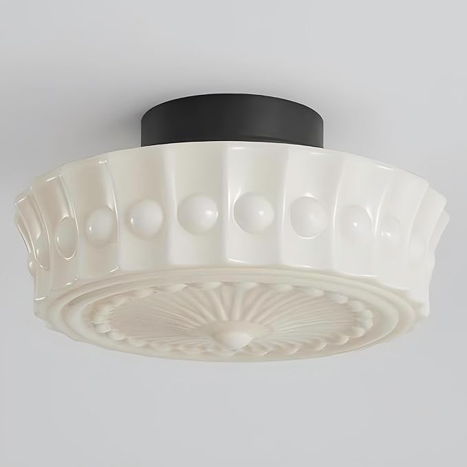 LIGHTLAND Milk Glass Ceiling Light, 13.8 Inch Mid Century Semi Flush Mount Ceiling Light Fixture, Vintage Chandelier for Bedroom, Living Room, Dining Room, Hallway (Style B, Cream)