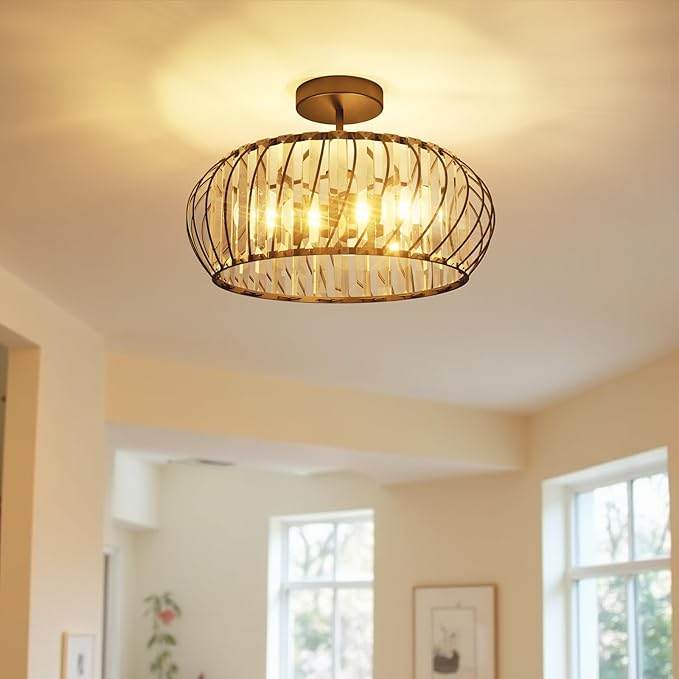 ANWIO 15.8inch Crystal Semi Flush Mount Ceiling Light Fixtures, 3-Light Black Chandelier Bedroom Ceiling Light Fixtures, Living Room Light Fixture for Kitchen Hallway Bathroom Dining Room, E12