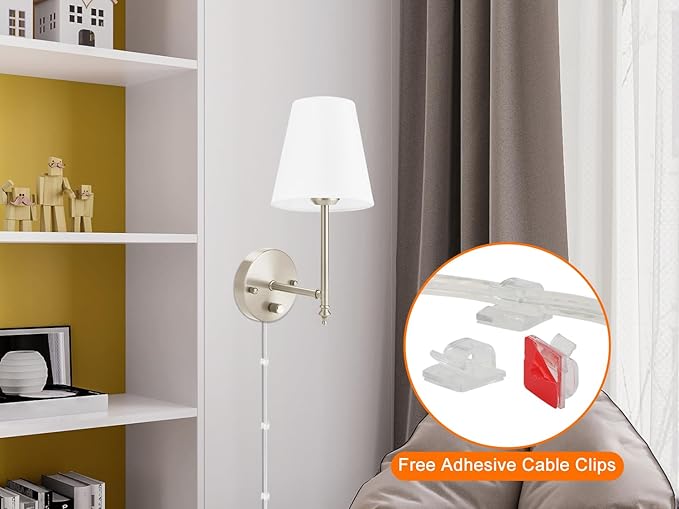 GOODATE Wall Sconces Set of Two with Remote Control, Dimmable, Adjustable Colors 2700-6500K, Plug in Wall Sconces with White Fabric Shades, Plug in Wall Light, Brushed Nickel