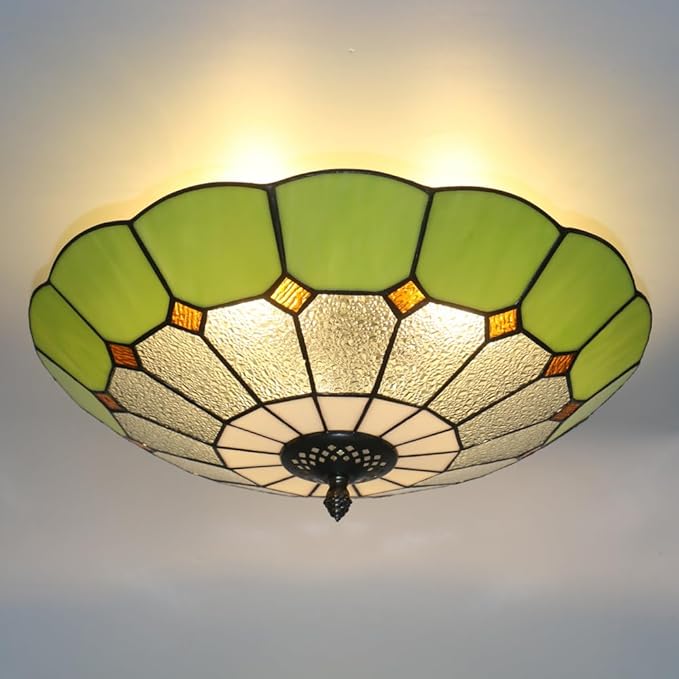 Tiffany Style Ceiling Light 16 Inch 3-Lights Stained Glass Flush Mount Ceiling Light for Bedroom Dining Room Living Room