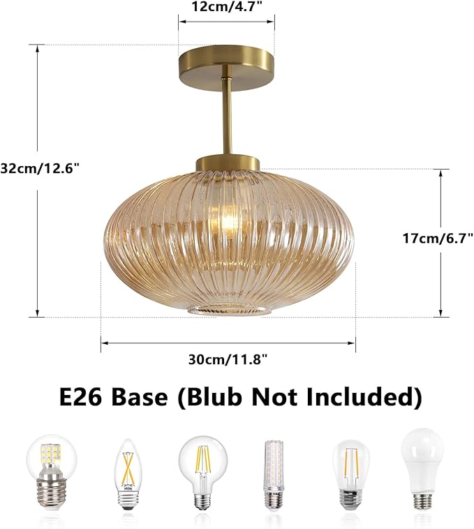 KCO Lighting Amber Bubble Glass Ceiling Light Mid Century Modern Semi Flush Mount Ceiling Lights Farmhouse Gold Flush Mount Ceiling Light Fixture Large for Hallway Entryway Porch