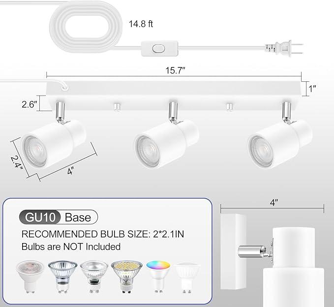 Plug-in Track Lighting LED, Track Light Fixtures Ceiling, White 3-Light Ceiling Lights for Kitchen, 3 Way Spotlight with Cord, Rotatable Wall Mount Light Head for Bedroom Hallway, Bulb Not Included