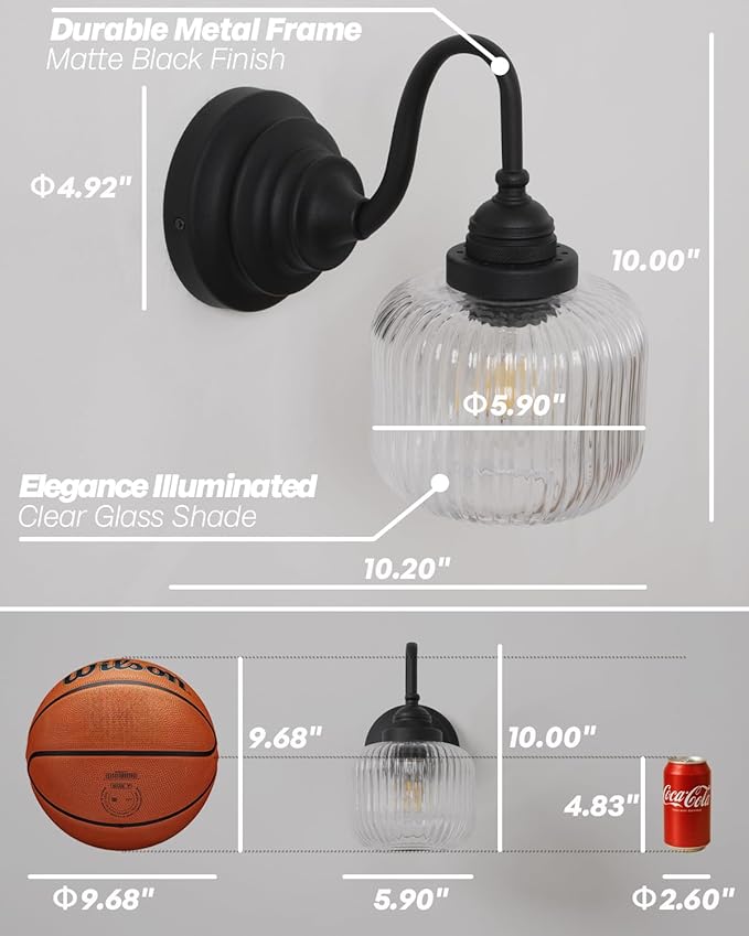 Vintage Industrial Wall Sconce Lighting with Clear Striped Glass Shade, Hardwired Wall Vanity Light Fixture for Bathroom Kitchen Living Room Bedroom Hallway