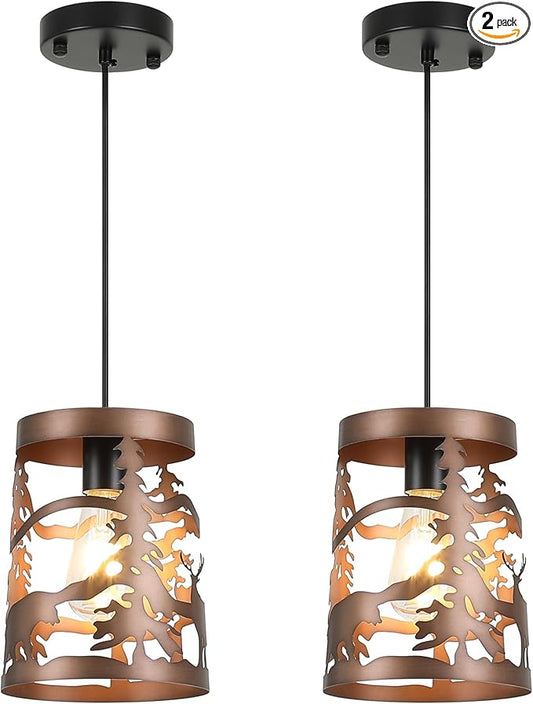 2 Pack Rustic Bear Pendant Lights, 1-Light Brushed Bronze Round E26 Base Cage Metal Fixture Adjustable Hanging Height for Kitchen Island, Hallway, Dining Room, Foyer(No Bulb Included)