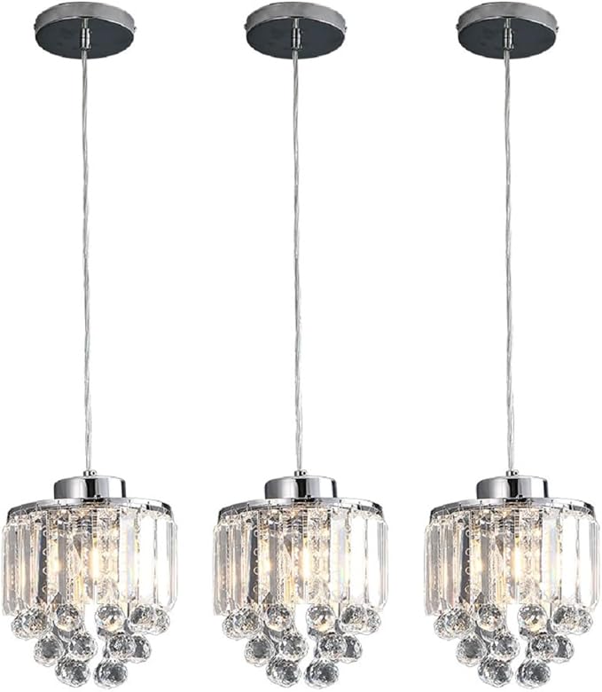 TFCFL 3 Pcs Crystal Chrome Ceiling Pendant Light Fixture, Chrome Pendant Light with Crystal Beads Modern Pendant Hanging Lighting Fixture for Dining Room Hallway