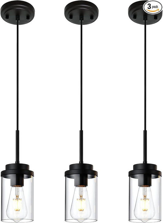 MELUCEE 3 Pack Hanging Pendant Lighting Fixtures Black, Adjustable Hanging Ceiling Lamp with Clear Glass Shade, Modern Pendant Light for Kitchen Island Dining Room Bedroom Hallway