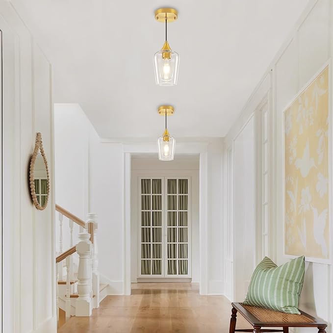 3-Pack Brushed Gold Pendant Lights Kitchen Island, Modern Glass Pendant Lighting Over Island Kitchen Hanging Light Fixtures Hallway Pendant Lights for Bathroom Dining Room Entryway Foyer Bedroom