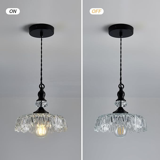CVKASH Vintage Glass Pendant Light Fixture Black Modern Adjustable Chandelier Hanging Light for Farmhouse Dining Room Kitchen Bedroom Hallway Island