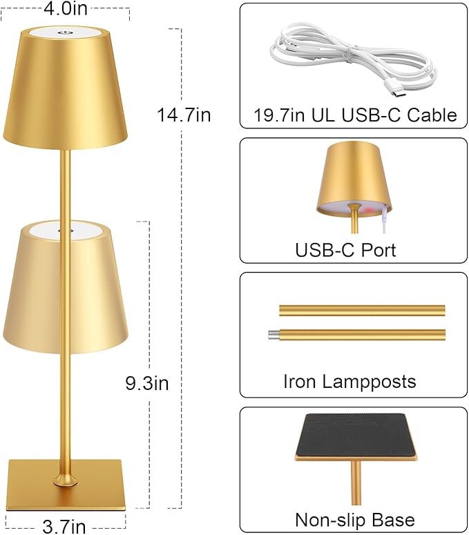 Kakanuo Gold Cordless Rechargeable Table Lamp 5000mAh Battery Operated Lamps, 3 Colors Stepless Dimming Touch Lamp for Dining, Living Room, Outdoor Patio, Kitchen Counter, 4 Pack