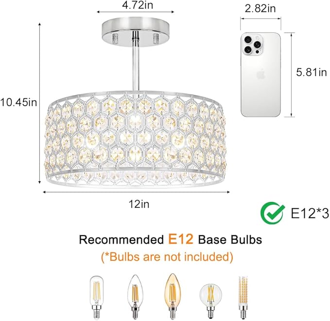 Chrome Crystal Ceiling Light Fixture - Modern Semi Flush Mount Ceiling Light for Hallway, Kitchen Lighting Fixtures Ceiling, Dazzling Prism Chandelier for Foyer Closet Bedroom, 3 Light, 12 in