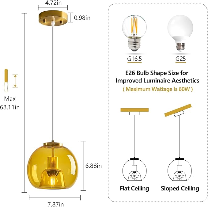 Yellow Glass Pendant Lights Kitchen Island Gold Hanging Light Fixture Glass Globe Pendant Light Modern Pendant Lighting for Kitchen Island Bedroom Dining Room (7.87", 2 Pack)