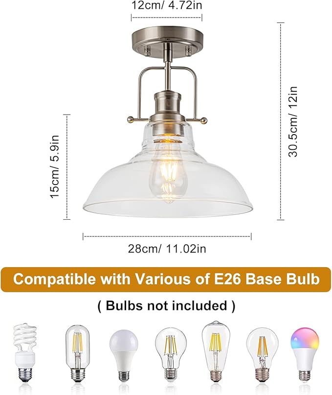 WILON Semi Flush Mount Ceiling Light Fixture, Brushed Nickel Farmhouse Light Fixtures with Clear Glass Shade, Modern Vintage Ceiling Lamp for Kitchen Island Sink Foyer Bathroom Entryway Laundry Room