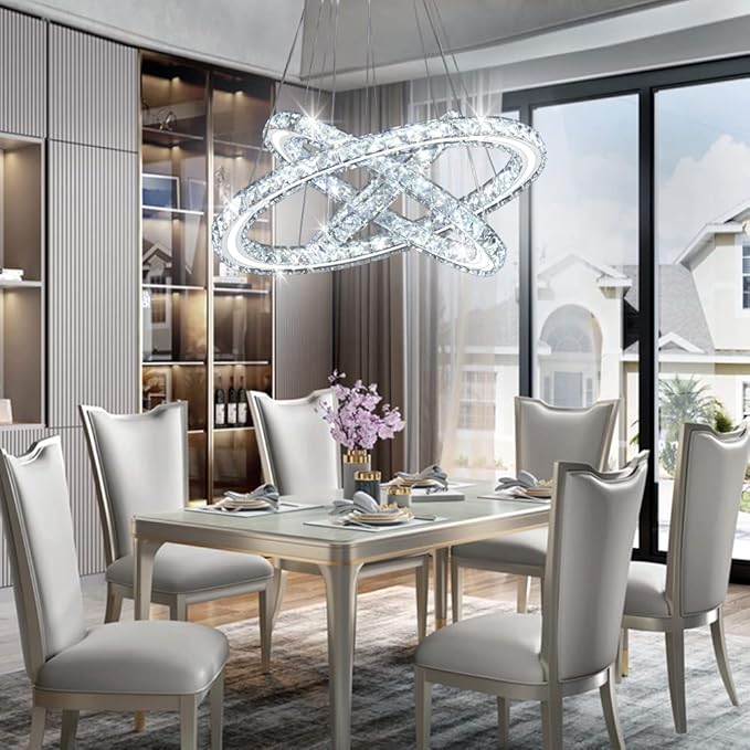 CXGLEAMING LED Chandeliers Modern Ceiling Light Fixture 3 Rings Adjustable Crystal Pendant Light Fixture Ceiling Hanging for Living Room Dining Room Bedrooms Hall 250mm Base 209 Crystals (Cool White)