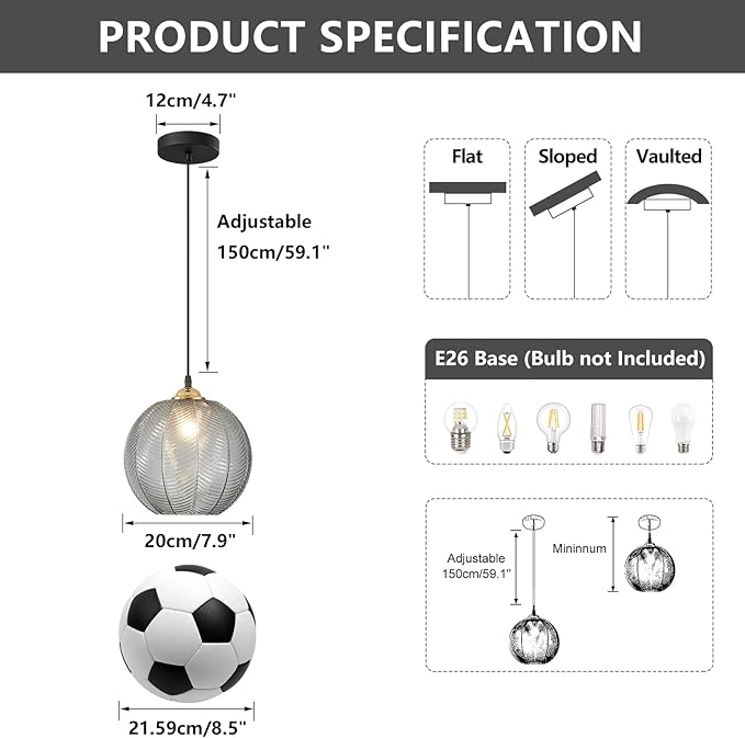 KCO Lighting Modern Smoke Gray Glass Pendant Light Kitchen Island Large Globe Farmhouse Pendant Lighting Adjustable Black Striped Glass Hanging Ceiling Lighting Fixtures Dining Room Lights