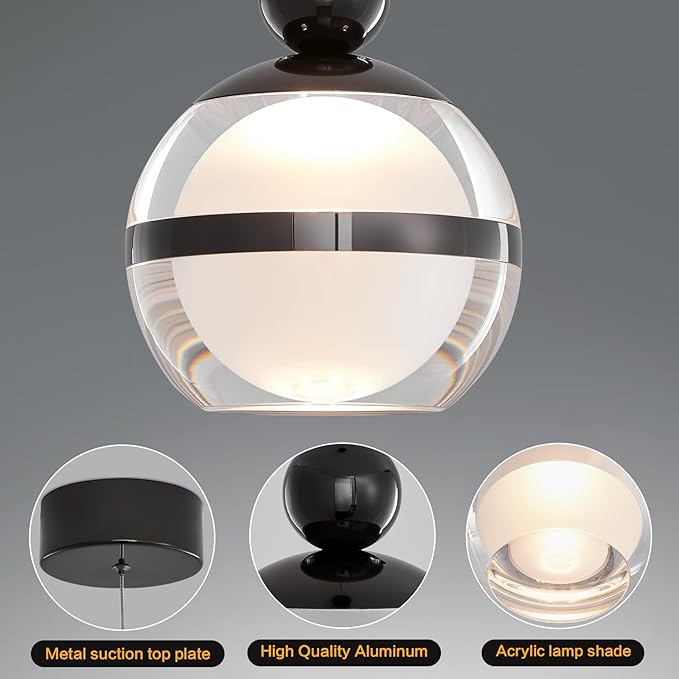 Modern Black Pendant Light Globe Hanging Pendant Lighting LED Dimmable Small Chandelier Light Fixture for Kitchen Island Bedroom Dining Room Bar (1-Lights)