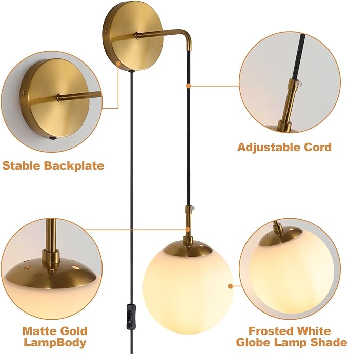 KUZZULL Wall Sconces Set of Two Plug in Wall Sconces Brushed Brass Gold Wall Lamp with Cord Wall Sconce Plug in with Globe White Glass Shade Sconces Set of 2 Wall Light Sconce