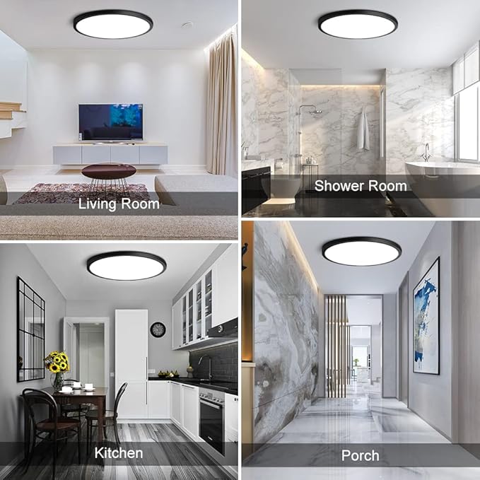 12 Inch 24W LED Flush Mount Ceiling Light, Daylight White 5000K, Round LED Ceiling Light, 3200LM, Black Low Profile for Bedroom Closet Stairwell Hallway Kitchen
