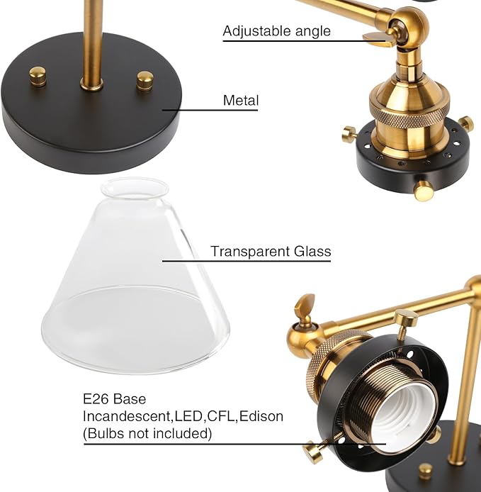 PERMO Industrial 2-Lights Wall Sconces with Dual Funnel Clear Glass Shade Double Sconce Antique Wall Sconce for Mirror Hallway Bedroom, Hardwired, E26 Base