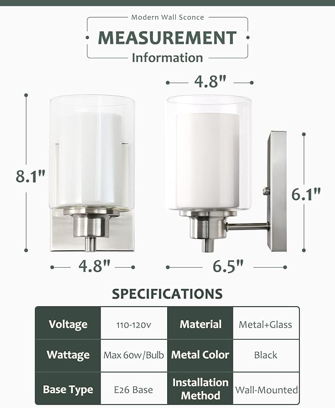 2 Pack Bath Vanity Light Fixtures 1-Light, Indoor Brushed Nickel Wall Light with Dual Glass Shade, Modern Bathroom Wall Scone Lighting, Vintage E26 Base Wall Mount Lamp for Bedroom