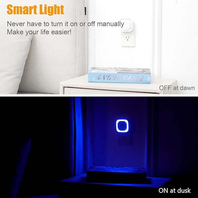 YUNLEX 4 Pack Plug in Blue Night Light, Dusk to Dawn Sensor, LED Nightlight for Mood Lighting, Glare-Free Reflected Light, Dimmable, Auto On/Off Light for Bathroom, Hallway, Gaming Room, Home Decor