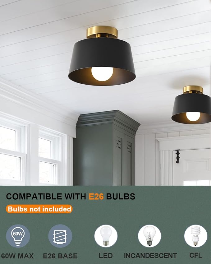 Ceiling Light Fixture, Hallway Ceiling Light with Gold Plate and Matte Black Shade, Modern Simple Style Porch Light Fixtures Semi Flush Mount (3 Pack Black)