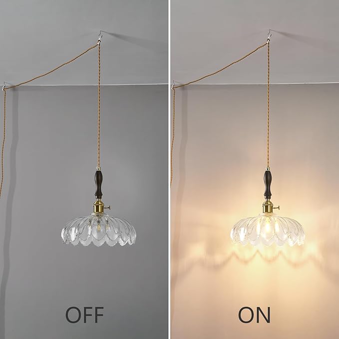Modern Clear Plug in Glass Pendant Light Retro Flower Glass Hanging Lamp Gold Brass Decorative Adjustable Ceiling Hanging Light Suitable for Kitchen Island Bedroom Dining Room Living Room