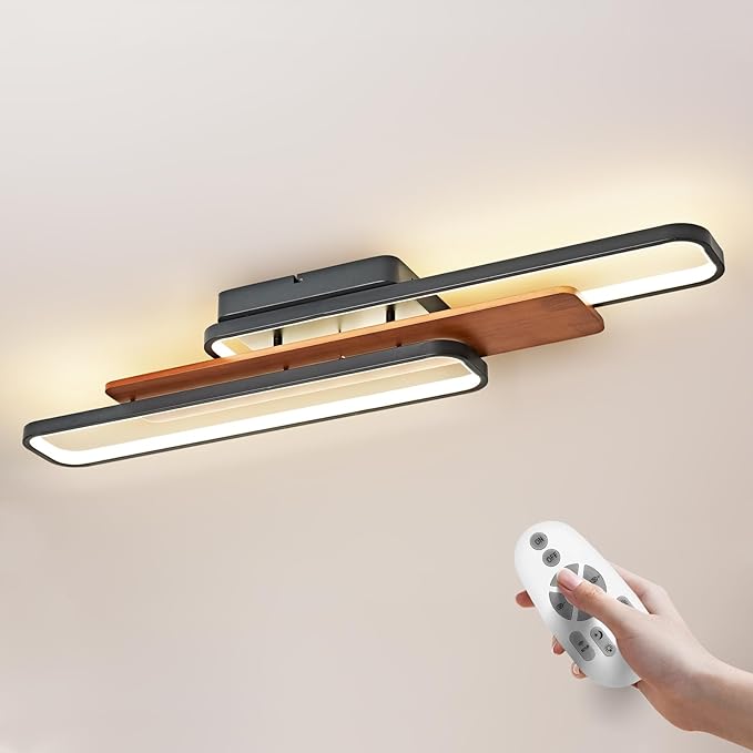 39.4" Modern LED Flush Mount Ceiling Light Dimmable Wood Ceiling Lights Chandeliers, 80W Long Close to Ceiling Lamp 3000K–6500K Linear Lighting Fixtures for Living Room Bedroom Kitchen