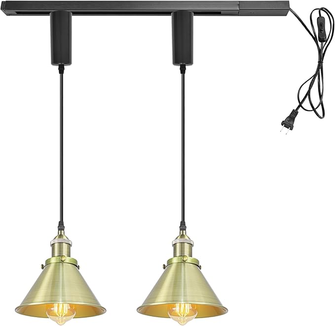 1x Plug in Cable Track Rail, 2X Adjustable Cord Bronze Track Lighting Fixtures E26 Base H-Type Vintage Design for Kitchen Loft(No Bulb)