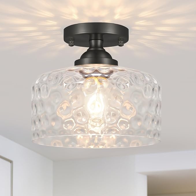 Small Semi Flush Mount Ceiling Light Fixture, Vintage Black Close to Ceiling Lighting with Hammered Glass Shade for Hallway, Kitchen, Entryway (Retro Design, Easy Install)