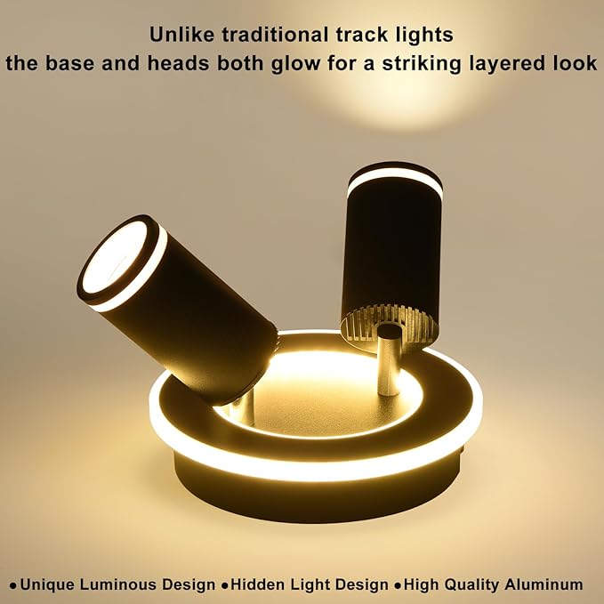 LED 2 Light Track Lighting Kit, Black Round Ceiling Spot Lighting Fixture with Flexibly Rotatable Heads, Modern Spotlight for Kitchen, Living Room, Bedroom, Dual Lighting Design,Includes 2 x GU10 Bulb