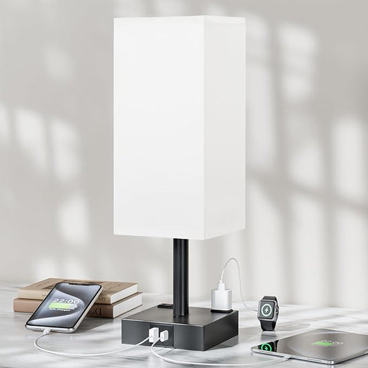 Touch Bedside Table Lamp For Nightstand - 3-Way Dimmable Night Lamp with USB A + Type C Charging Ports and two AC Outlets, Small Desk Light with E26 LED Bulb for Bedroom Living Room ,WHITE BLACK