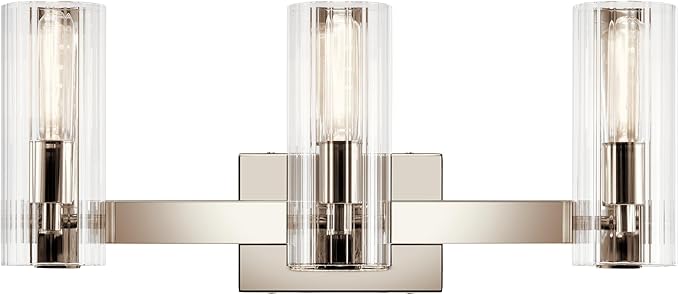 Kichler Jemsa 3-Light Bathroom Vanity Light Fixture, Modern Wall Mount Light with Clear Fluted Glass in Polished Nickel for Powder Room or Bathroom (9.75" x 22.75"), 55168PN