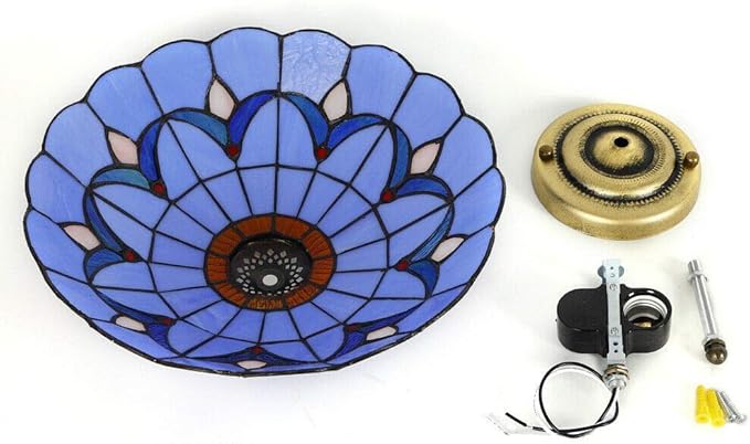 LOYALHEARTDY 12" Tiffany Flush Mount Ceiling Light, Antique Handcrafted Stained Glass Lampshade LED Ceiling Light Chandelier Fixture, Hanging Lamp for Bedroom Living Room E27 Bulb