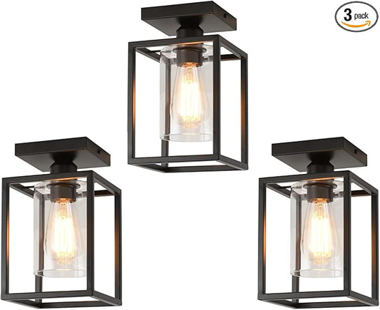 3 Pack Semi Flush Mount Ceiling Light,Black Metal Frame Ceiling Light Fixture with Clear Glass Shade, Farmhouse Light Fixture for Kitchen Island Entryway Porch Foyer