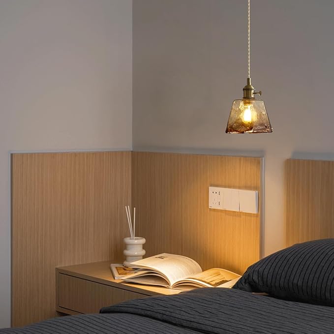 Vintage Pendant Light Fixtures, Amber Glass Lampshade with Switch Indoor Pendant Lighting for Bedside Dining Room Bathroom, Brass
