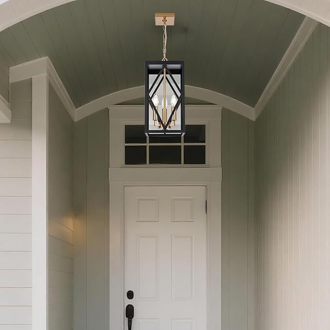 3-Light Outdoor Pendant Lights for Porch 15.7'' Outdoor Chandelier Black & Brushed Brass Exterior Hanging Porch Light Fixtures w/Clear Glass, Waterproof Outside Pendant Lantern for Front Door