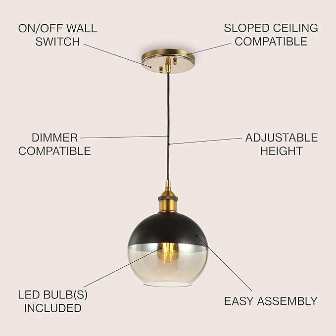 JONATHAN Y 7.5" Brass Gold/Black Mid-Century Modern Globe Pendant Light, Adjustable LED Hanging Ceiling Fixture, Champagne Smoked Glass Shade for Kitchen Island JYL3513A
