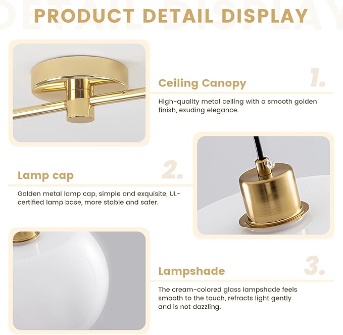 Modern Living Room Pendant Light 2-Light White Glass Pendant Light with Golden Brass Finished, Modern Adjustable Kitchen Island Light Fixture Gold Hanging Light for Dining Room Farmhouse