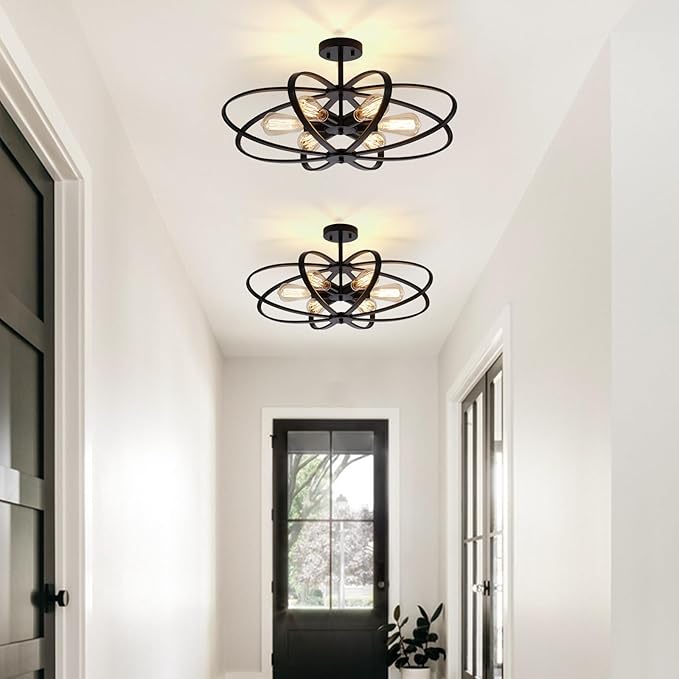 Semi Flush Mount Ceiling Light Fixture Chandelier 6-Light Kitchen Ceiling Lights 25'' Black Farmhouse Chandelier Style Flower Shape Light Fixture Bedroom for Foyer,Entryway,Living Room